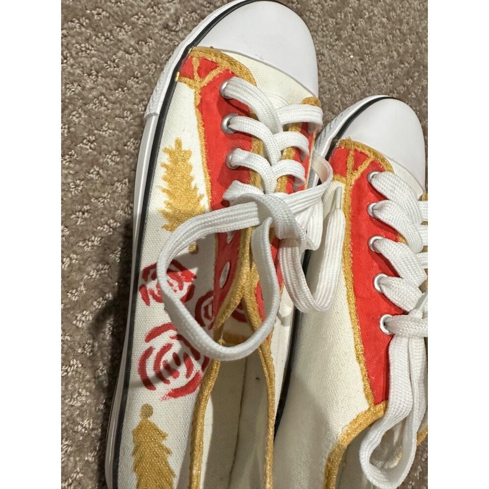Hand-Painted Canvas Sneakers‎ With Floral Design Gold & Red Accents Lace-Up - Picture 5 of 7